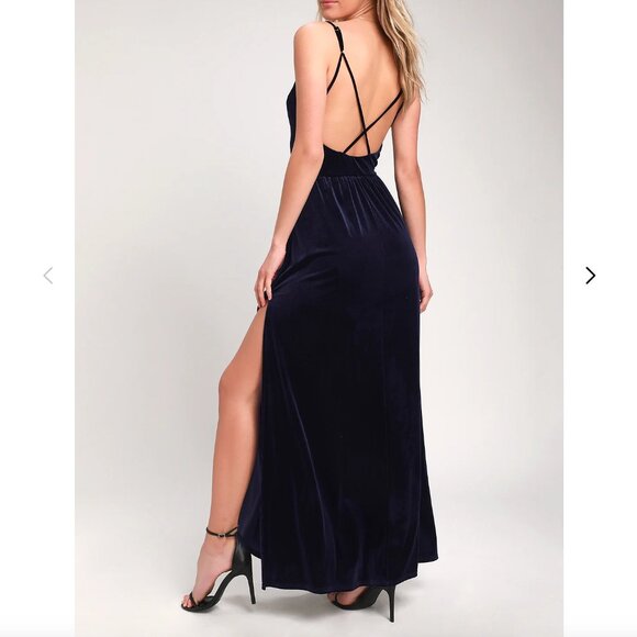 NWT Lulus | Final Song Cross Back Navy Blue Velvet Maxi Dress | Size XL - Picture 1 of 16